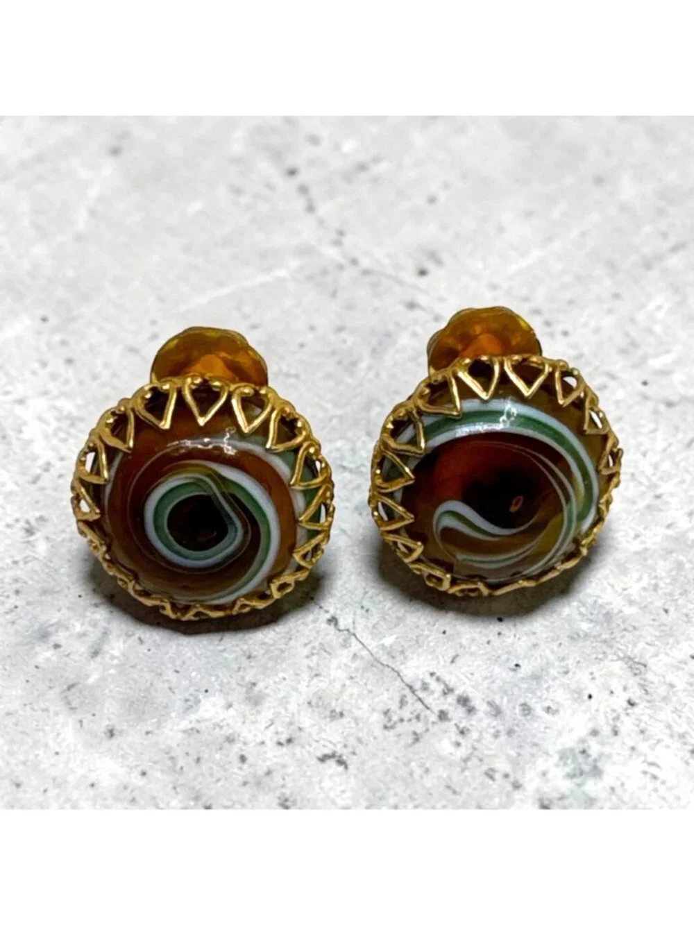 Vintage Miriam Haskell Art Glass Clip-On Earrings Gold Tone Filigree Collectible